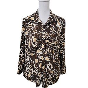Cato Size 14-16W Brown Ruched Button Down Printed Top, Exc. Used Condition